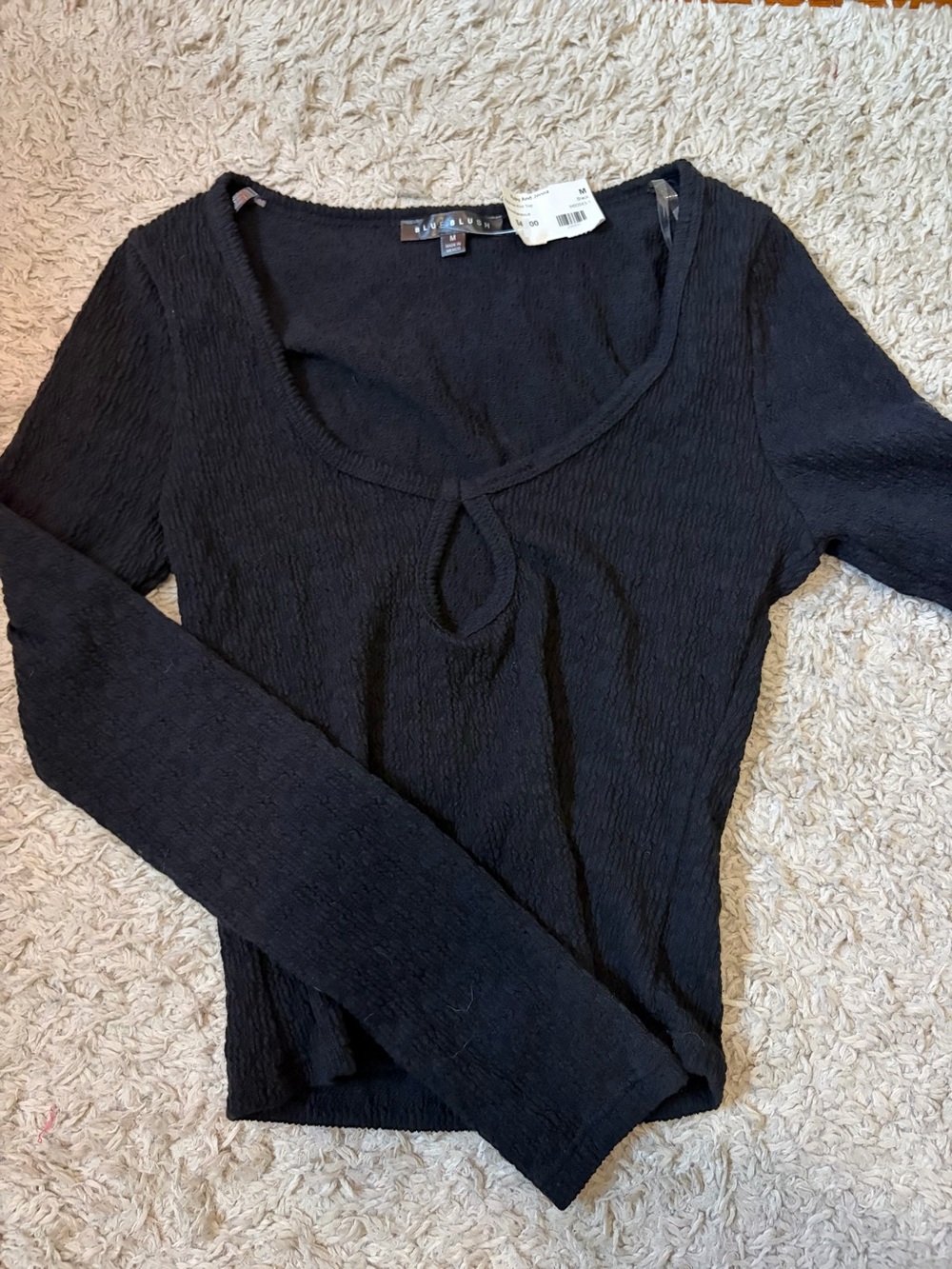 Black Scoop Neck Textured Long Sleeve Top